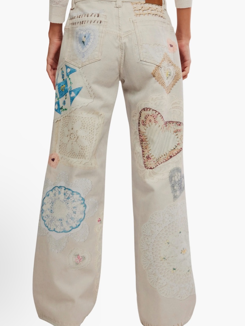 Embroidered Heart Patch Wide-Leg Jeans - Cream - Picture 2 of 3